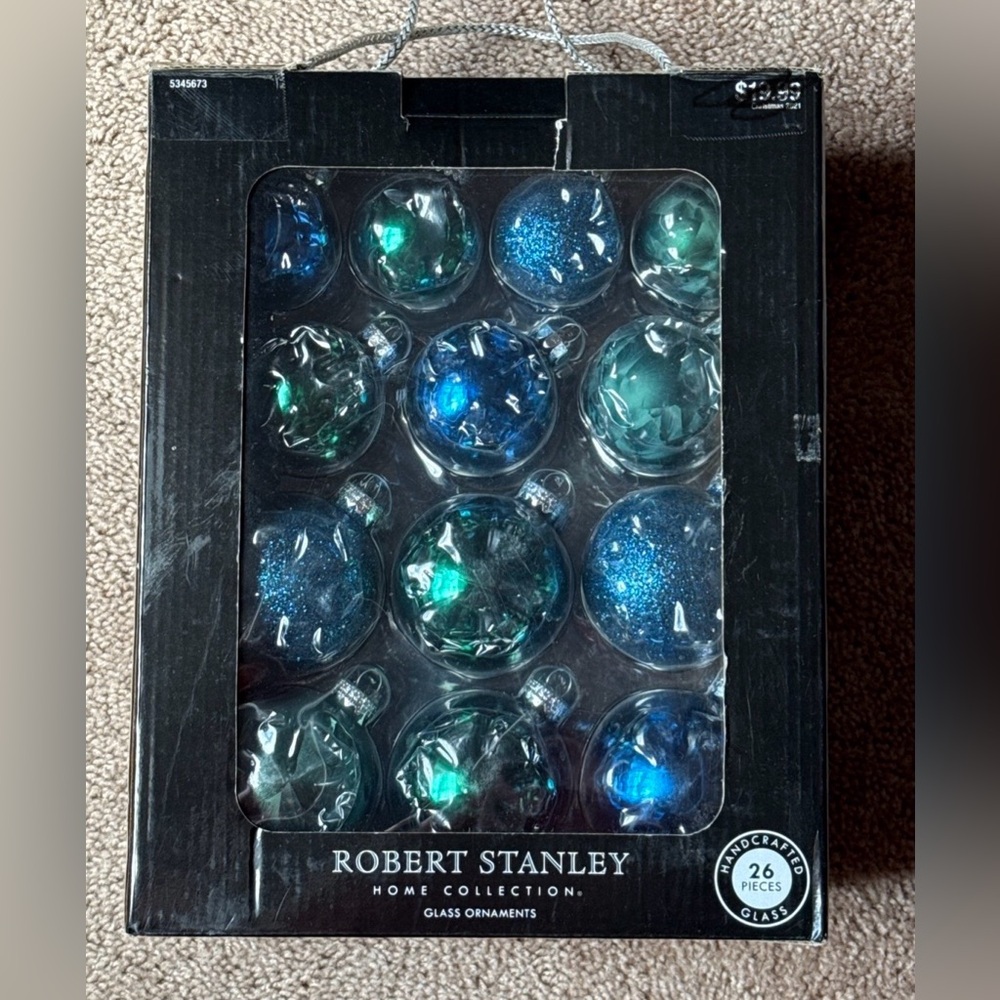 Robert Stanley Blue Teal Green Glass Christmas Ornaments Box Set 26 Count